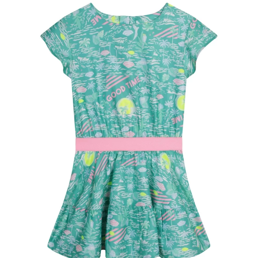 BILLIEBLUSH Sea-Green Printed Satin Dress for Girls - Elegant Floral Party Gown