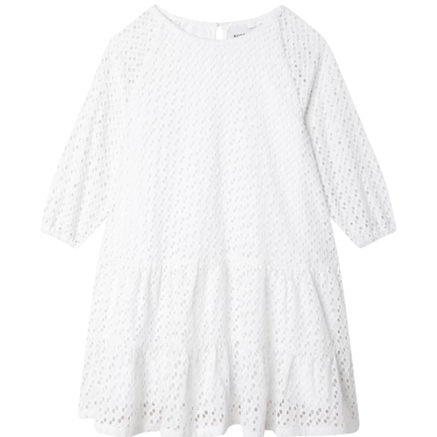 BOSS Girls' White Cotton Broderie Anglaise Dress - Floral Embroidered Summer Dress