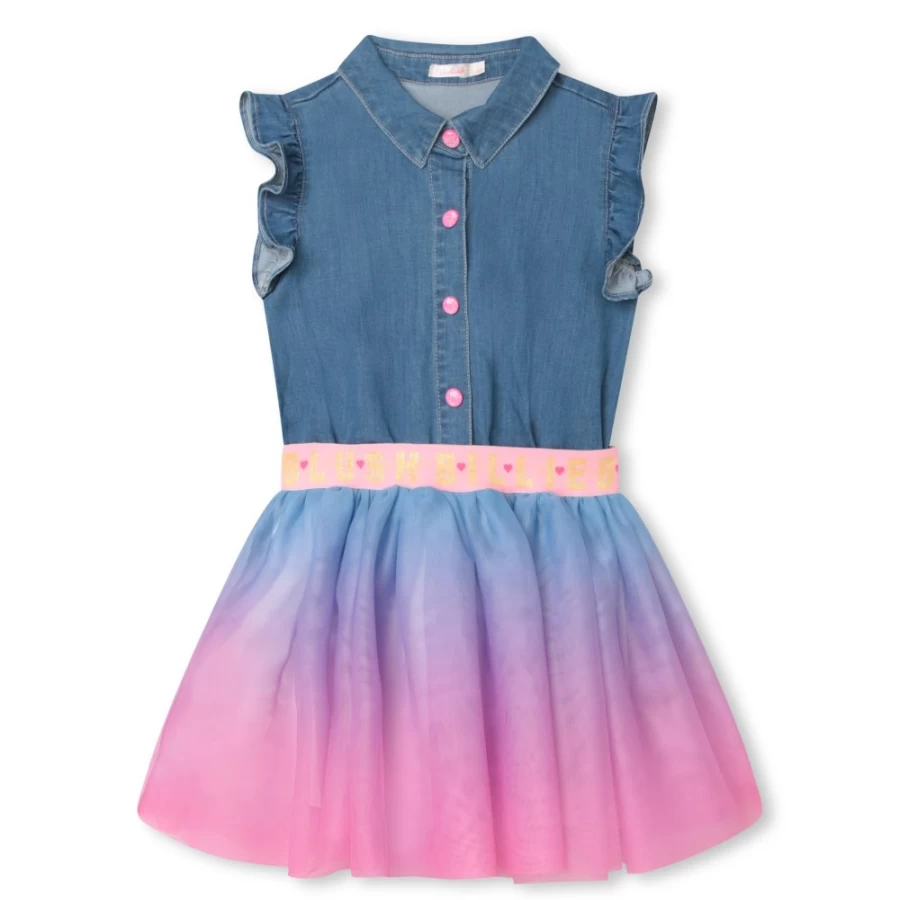 BILLIEBLUSH Girl's Denim And Tulle Dress in Double Stone & Bleach - Stylish Two-Tone Design