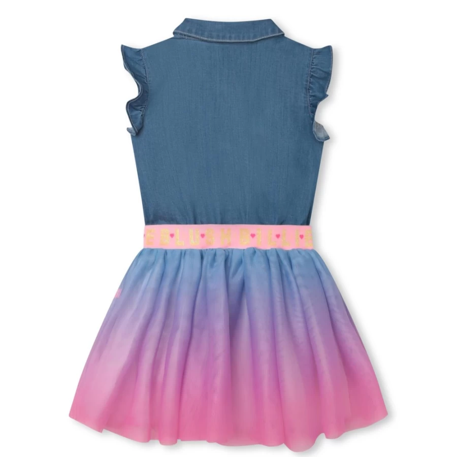 BILLIEBLUSH Girl's Denim And Tulle Dress in Double Stone & Bleach - Stylish Two-Tone Design