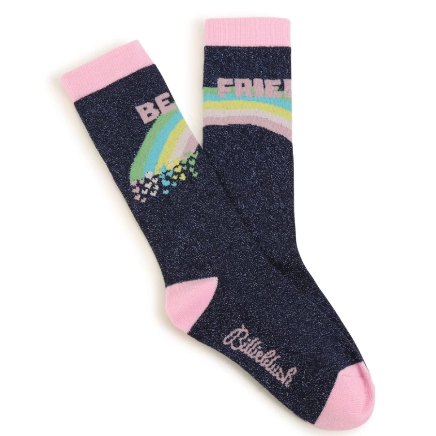 BILLIEBLUSH Navy Rainbow Knee-High Socks for Girls - Tall Colorful Striped Crew Socks