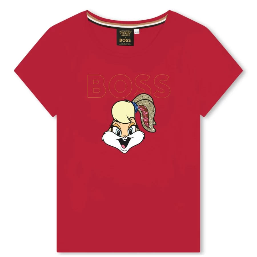 BOSS Girls' Poppy Red Short-Sleeved Cotton T-Shirt for Kids