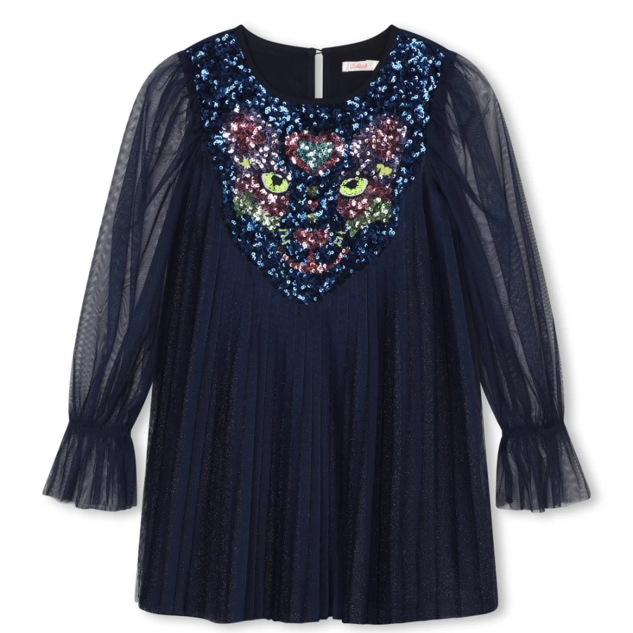 BILLIEBLUSH Navy Pleated Tulle Party Dress for Girls - Elegant Ruffled Gown for Special Occasions