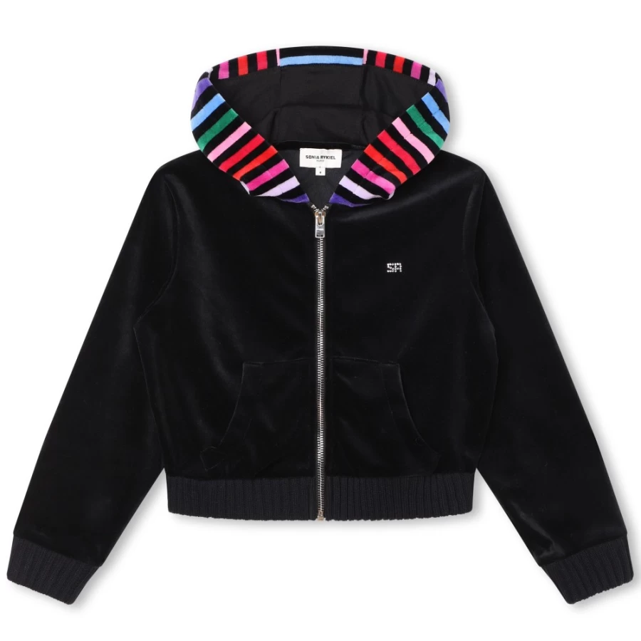 SONIA RYKIEL Girls' Zip Hooded Velvet Sweatshirt for Stylish Comfort