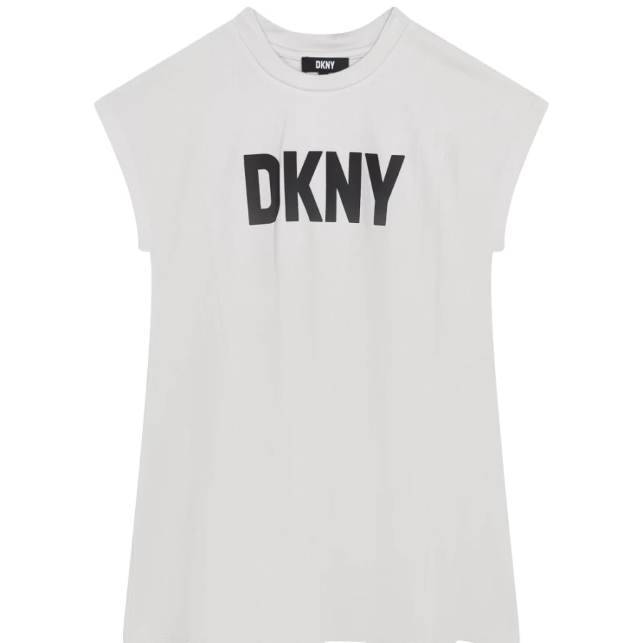 DKNY Girls' White Short-Sleeved Summer Dress - Casual Comfortable Cotton Dress for Kids