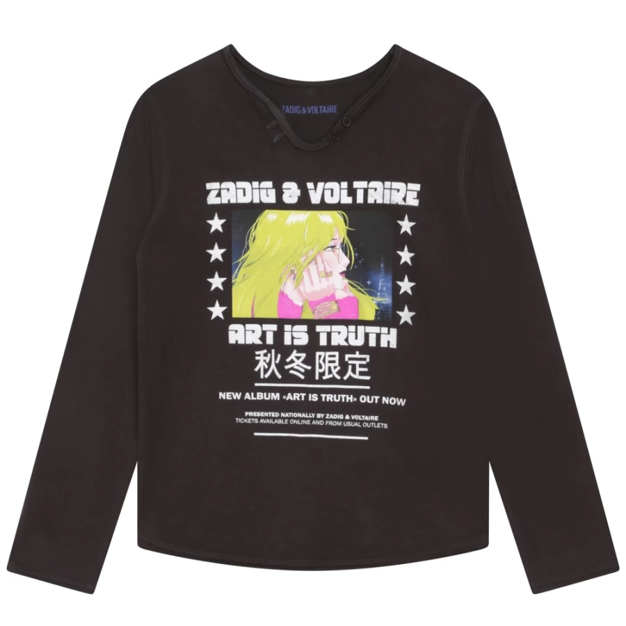 ZADIG & VOLTAIRE Girls Black Printed & Embroidered Cotton T-Shirt