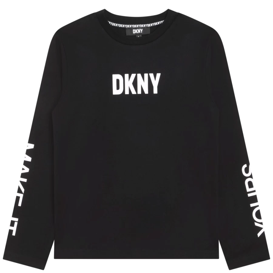 DKNY Girls' Black Long-Sleeve Cotton T-Shirt for Everyday Comfort