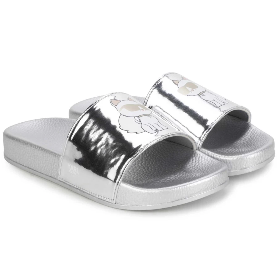 KARL LAGERFELD KIDS Girls Light Grey Metallic Sliders | Fashion Kids Sandals