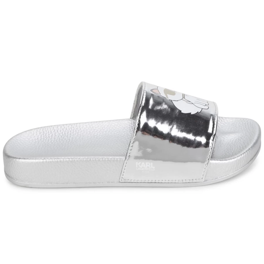 KARL LAGERFELD KIDS Girls Light Grey Metallic Sliders | Fashion Kids Sandals