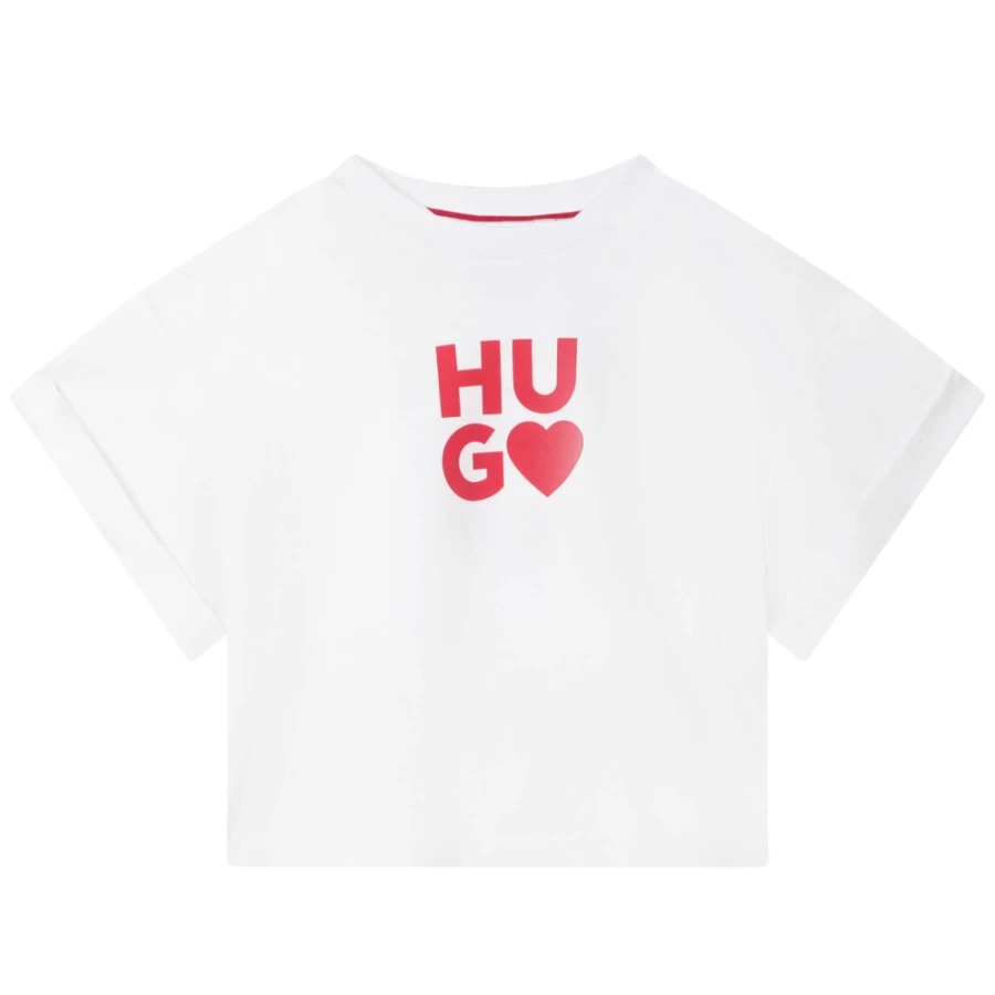 HUGO Girls White Short-Sleeved T-Shirt for Kids - Comfortable Cotton Top