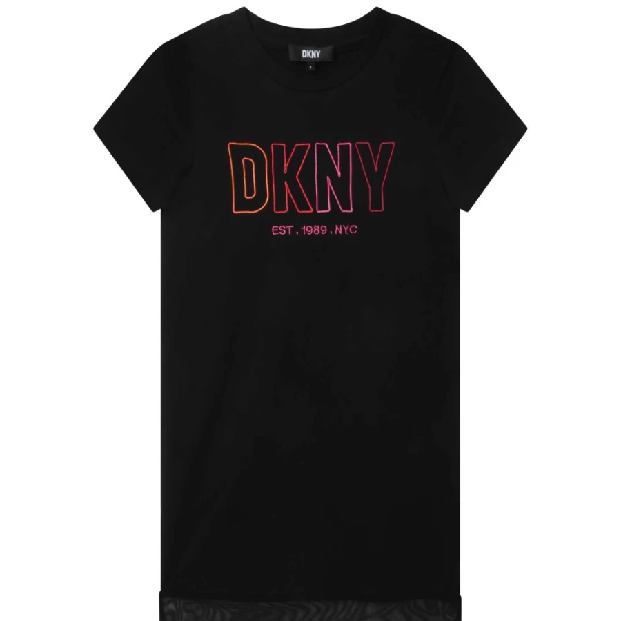 DKNY Black Embroidered Bi-Material Dress for Girls