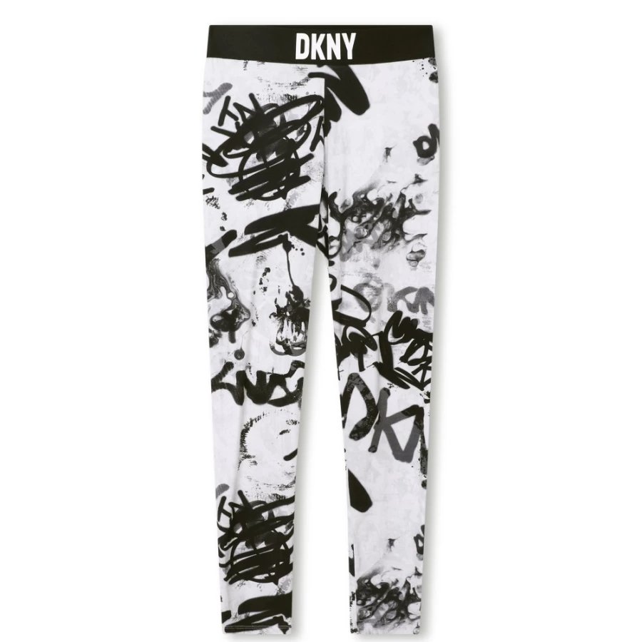DKNY Girls' White & Black Two-Tone Printed Leggings for Fashion & Comfort