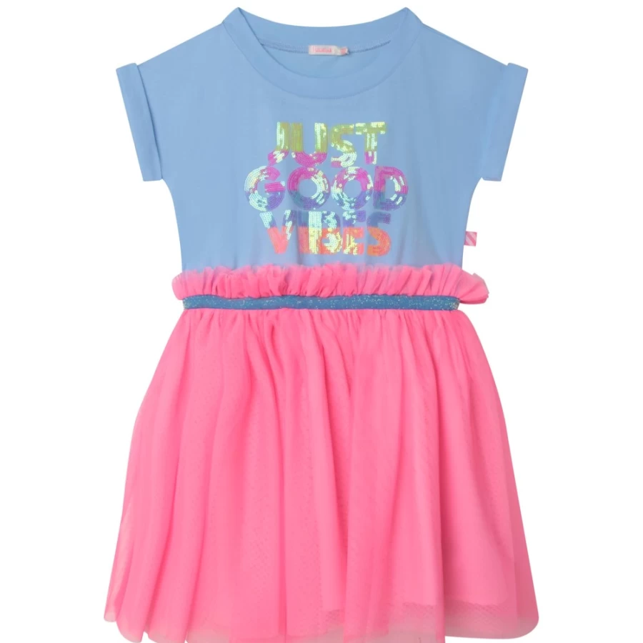 BILLIEBLUSH Girl's Pale Blue Short-Sleeve Bi-Material Dress