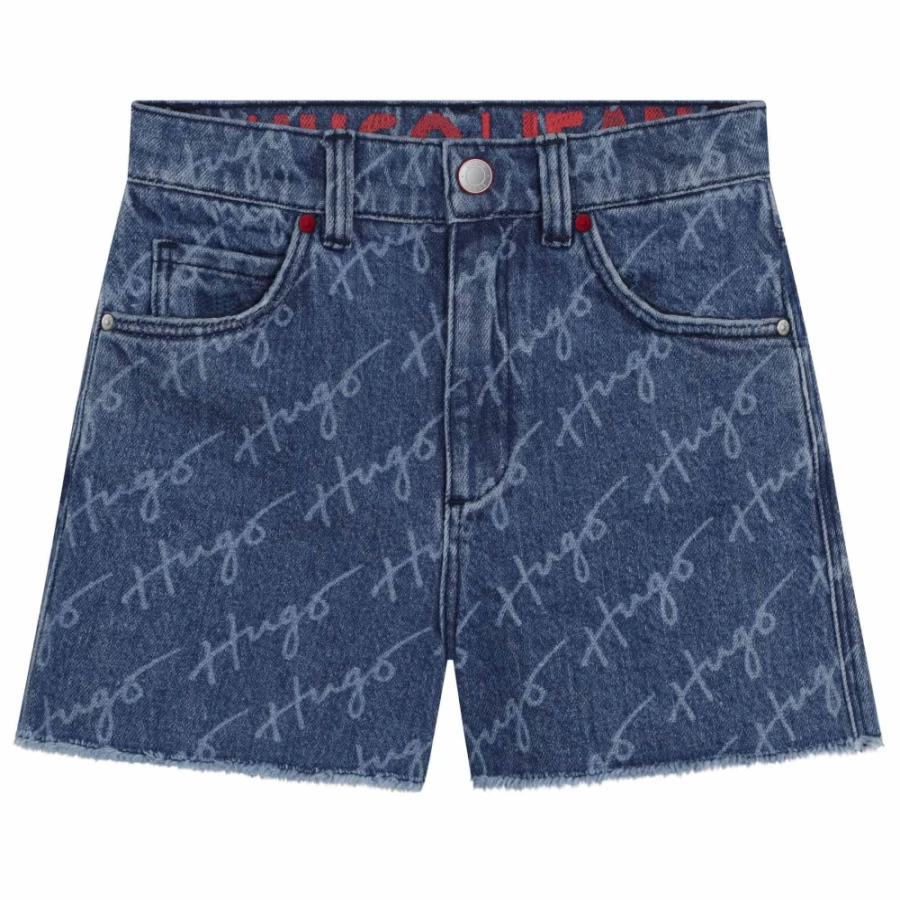 HUGO Bleach Washed Denim Shorts for Girls - High-Quality Distressed Jean Shorts