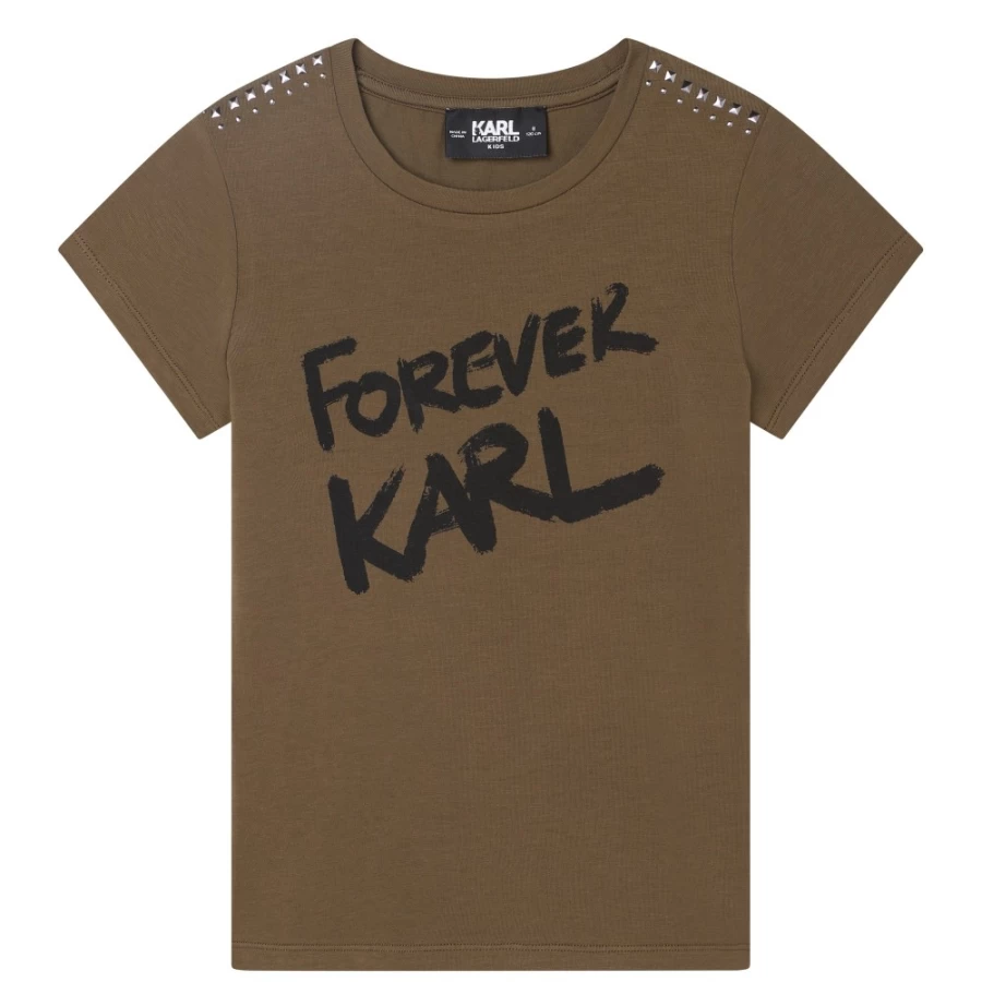 KARL LAGERFELD KIDS Girls' Khaki Cotton Short-Sleeved T-Shirt