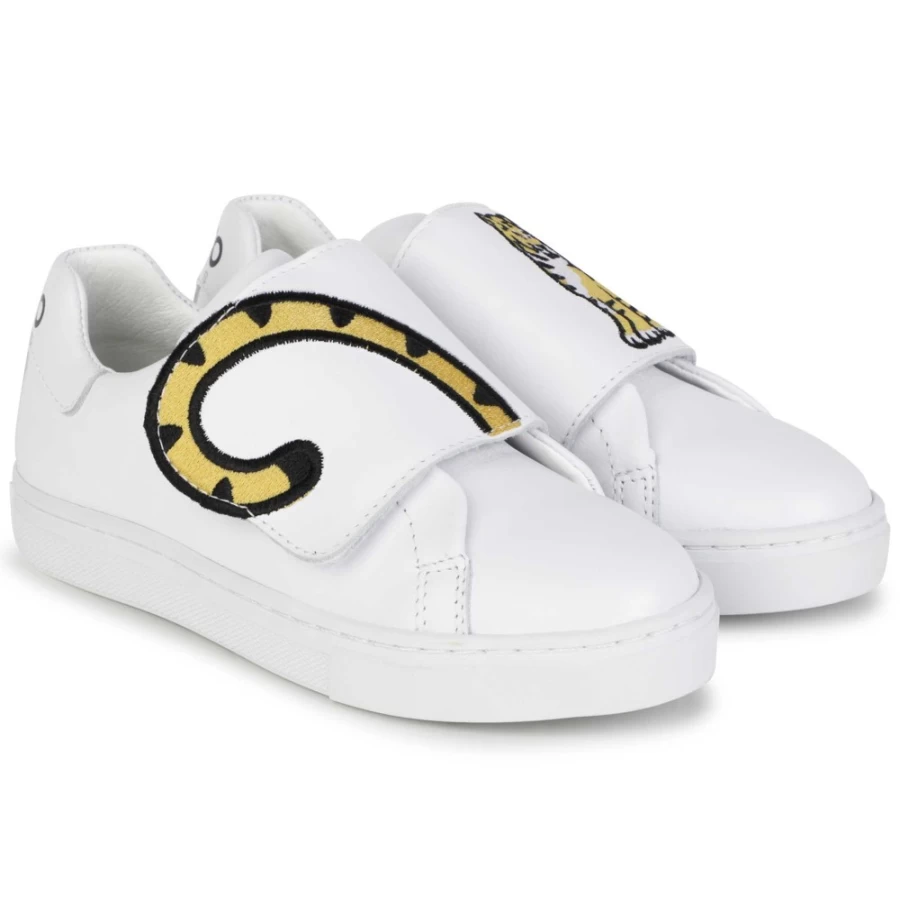 KENZO KIDS Girls White Leather Hook-And-Loop Sneakers for Comfort and Style