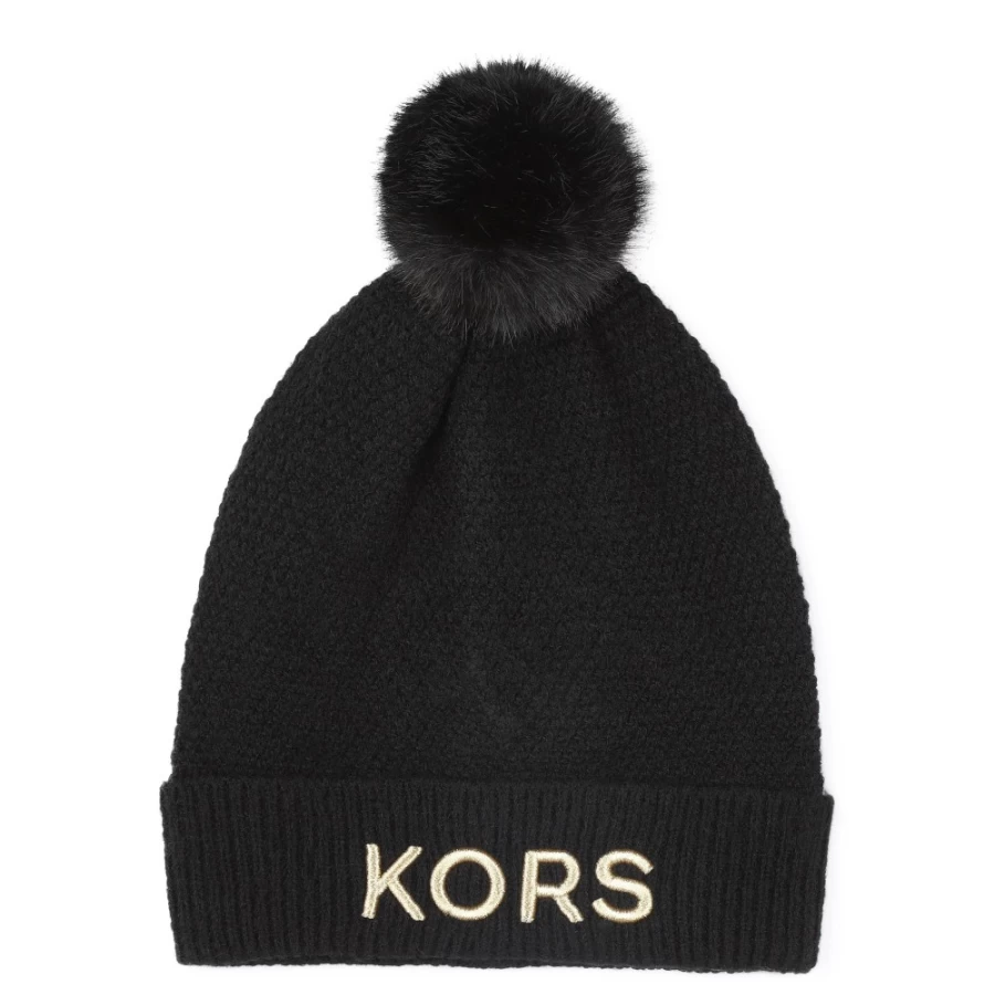 MICHAEL KORS Black Pompom Embroidered Knitted Hat for Girls