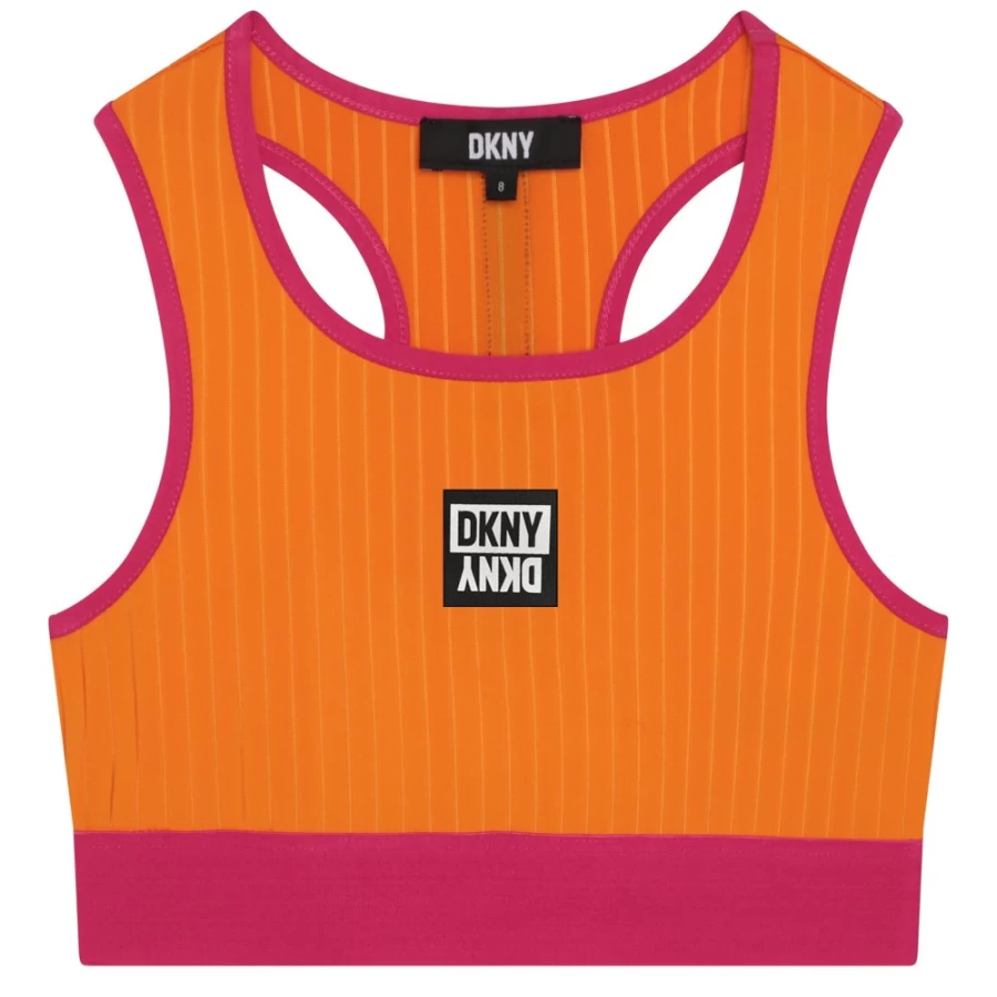 DKNY Girls' Atomic Orange Striped Sports Bra - Breathable Workout Top for Active Teens
