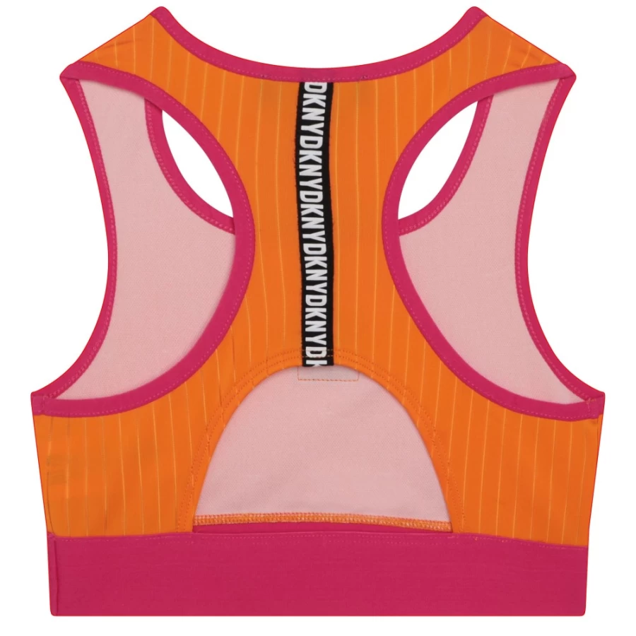 DKNY Girls' Atomic Orange Striped Sports Bra - Breathable Workout Top for Active Teens