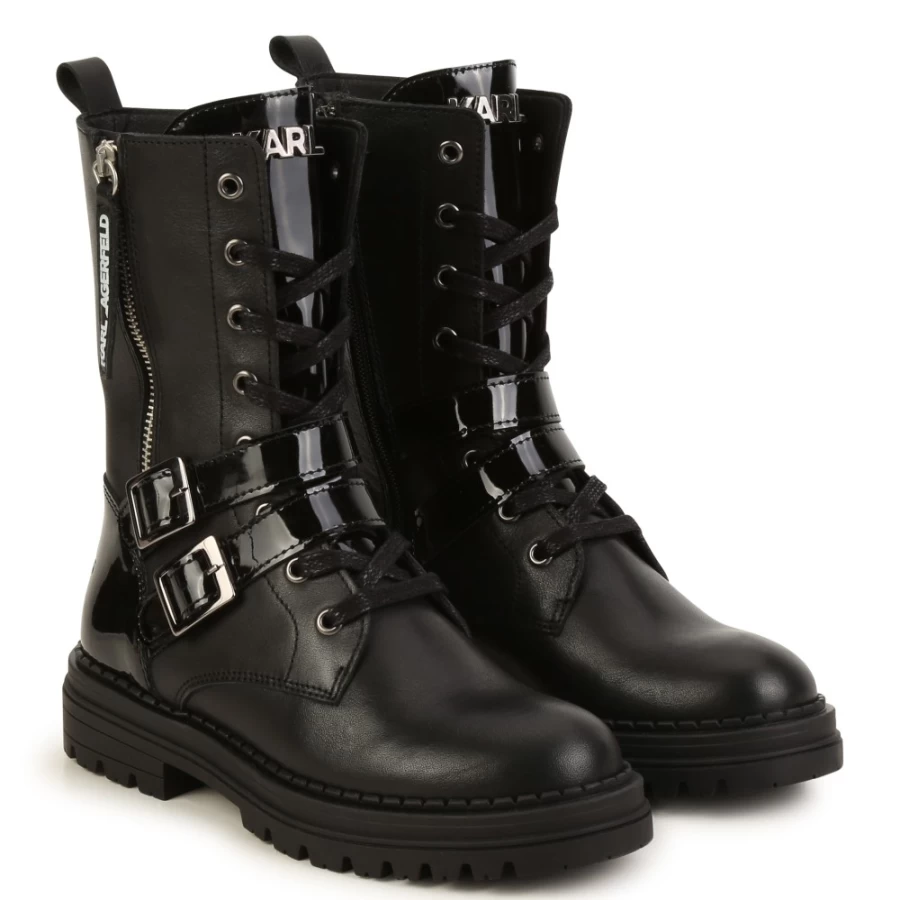 KARL LAGERFELD KIDS Girls Black Leather Zip-Up Ankle Boots