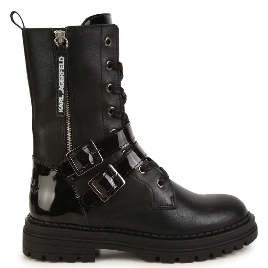 KARL LAGERFELD KIDS Girls Black Leather Zip-Up Ankle Boots