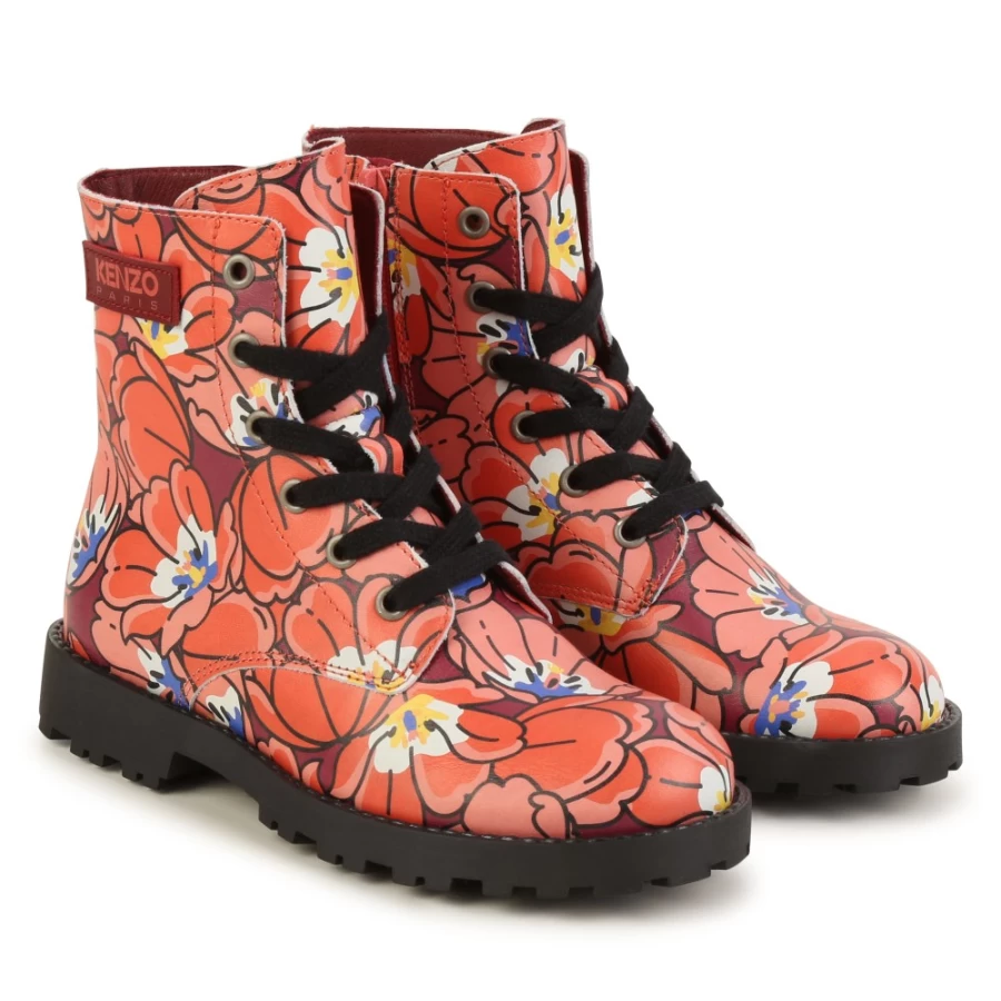 KENZO KIDS Crimson Lace-Up Leather Boots for Girls