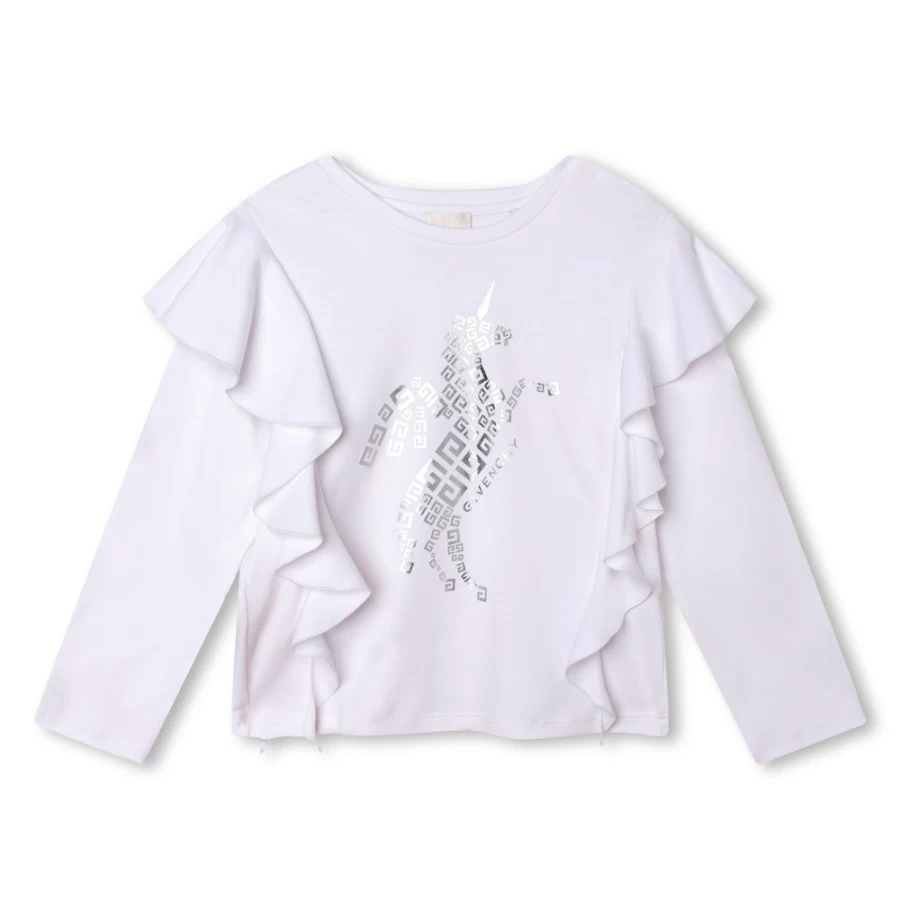Givenchy White Ruffled Cotton T-Shirt for Girls
