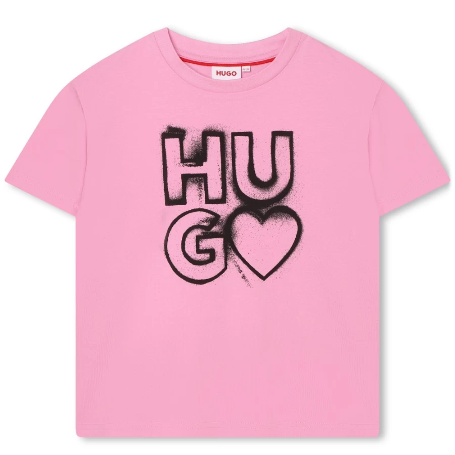 HUGO Pink Heart Print T-Shirt for Girls