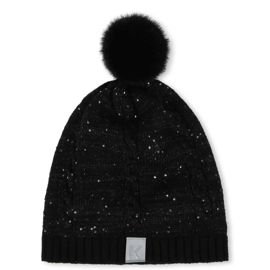KARL LAGERFELD KIDS Black Sequined Pom-Pom Hat for Girls