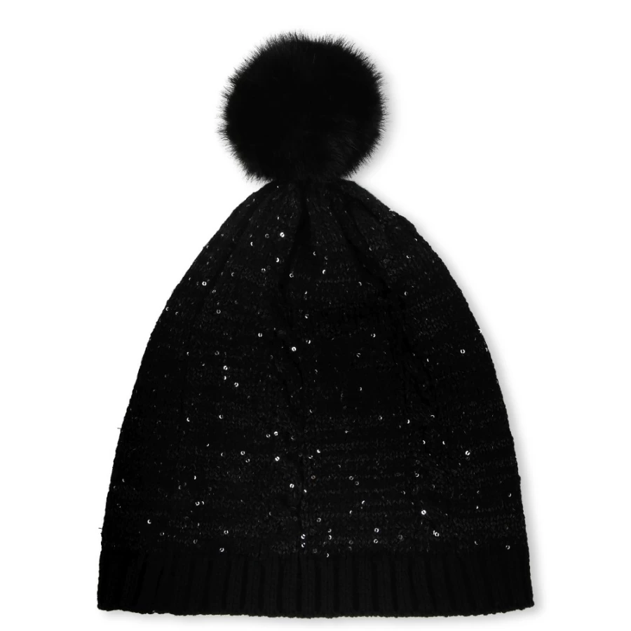 KARL LAGERFELD KIDS Black Sequined Pom-Pom Hat for Girls