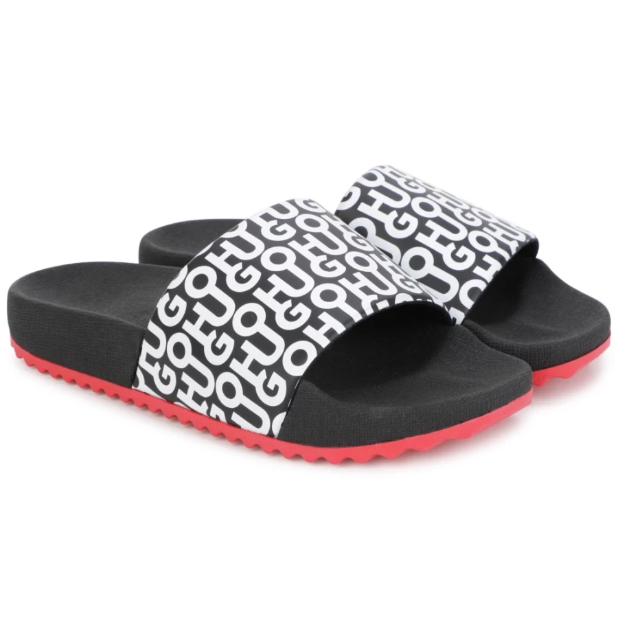 HUGO Girl's Black Logo Print Slides Sandals