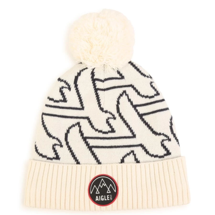 AIGLE Ivory Pompom Hat for Girls - Warm Unisex Winter Beanie