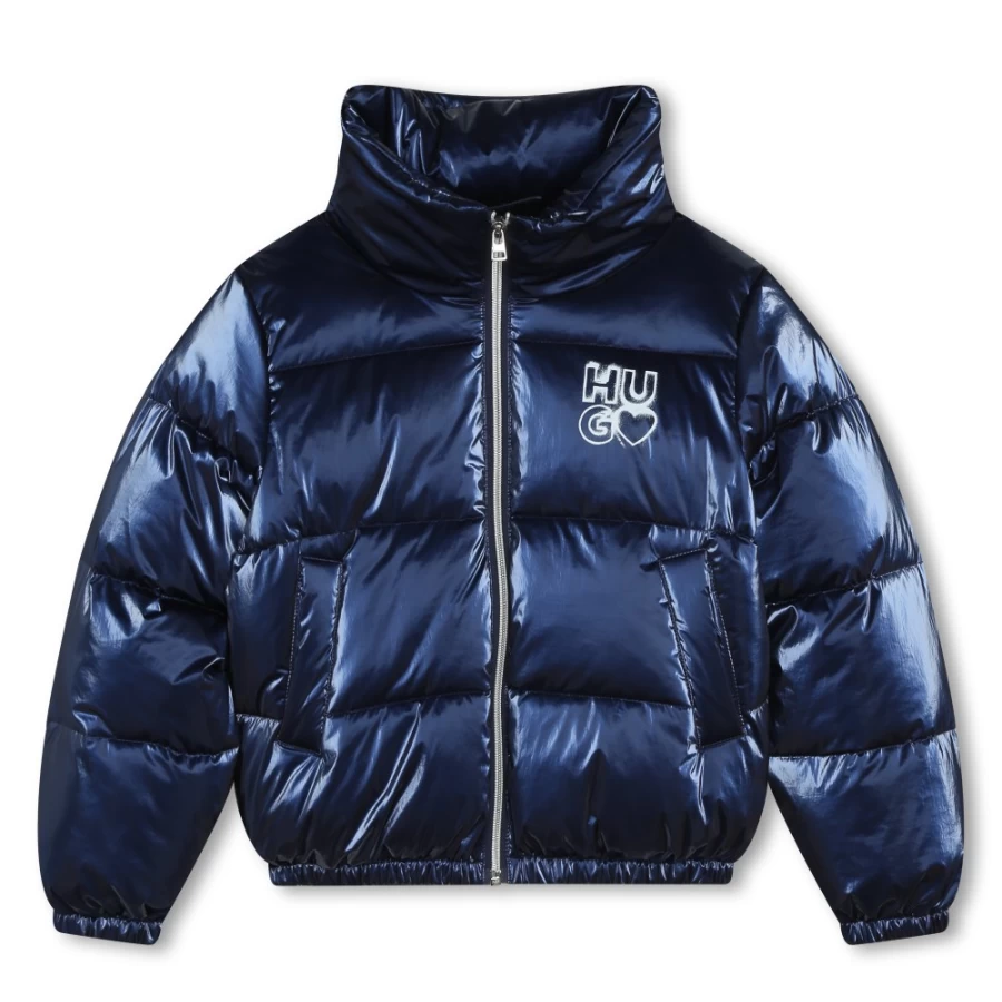 HUGO Girls Medieval Blue Zip-Up Logo Parka Jacket