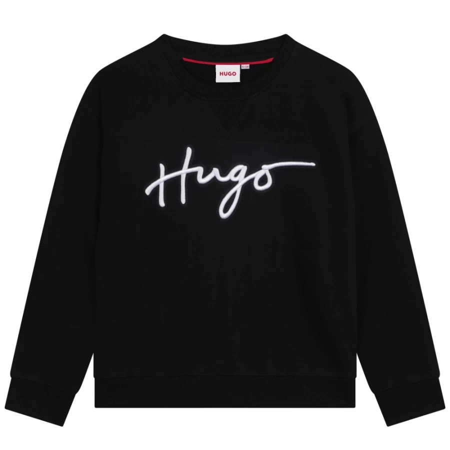 HUGO Girls' Black Fleece Sweatshirt - Cozy Pullover for Kids
