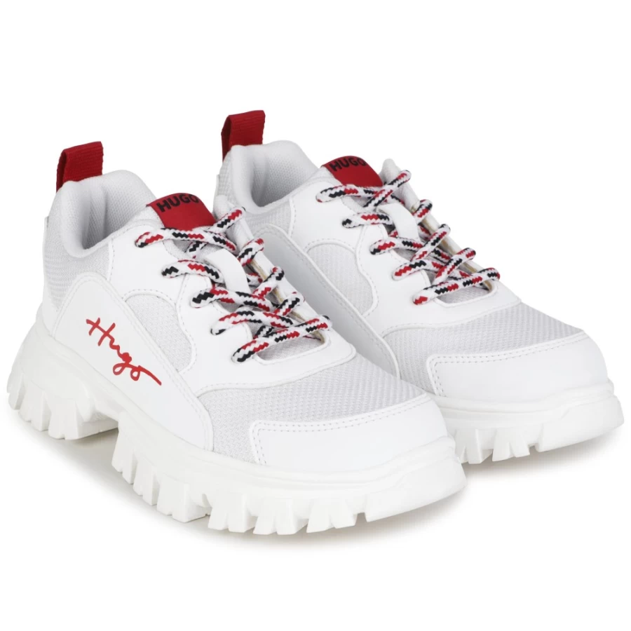 HUGO White Lace-Up Trainers for Girls - Stylish Novelty Sneakers