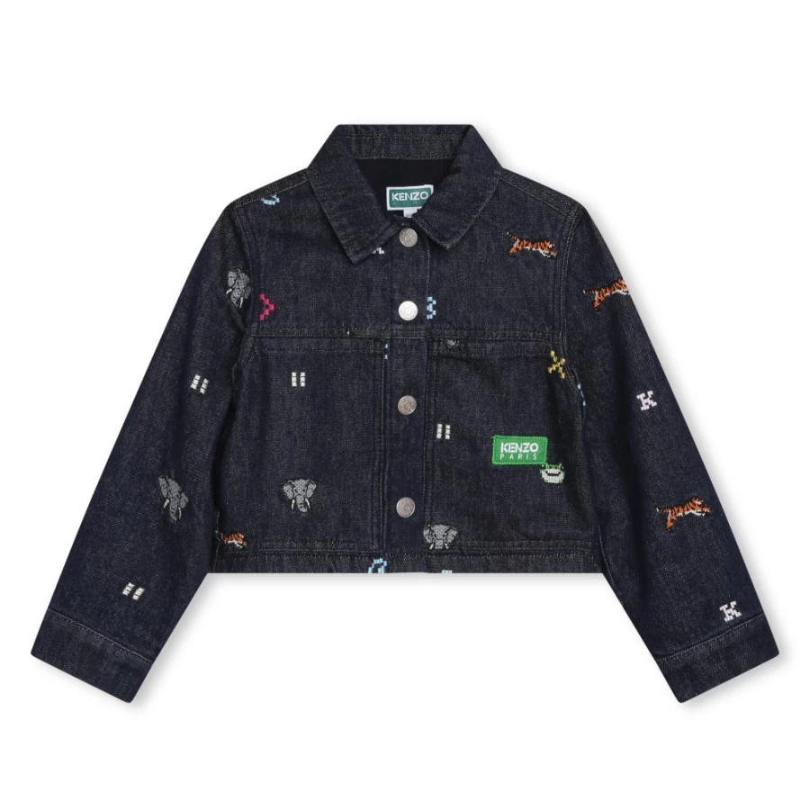 KENZO KIDS Embroidered Raw Denim Jacket for Girls - Stylish Distressed Denim Coat with Unique Embroidery