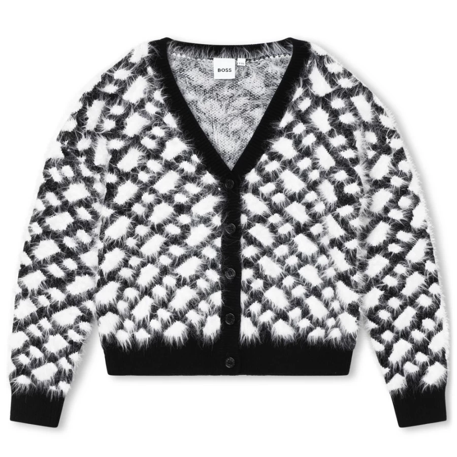 BOSS Girls' Fluffy Knitted Cardigan - White & Black Cozy Winter Sweater