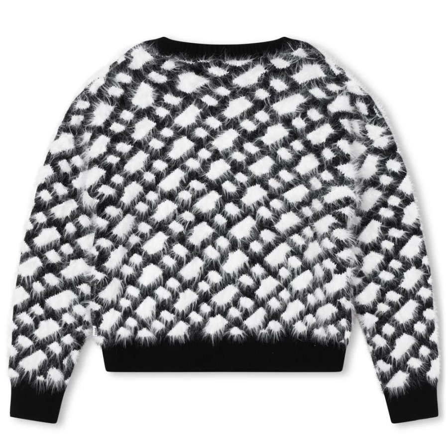 BOSS Girls' Fluffy Knitted Cardigan - White & Black Cozy Winter Sweater