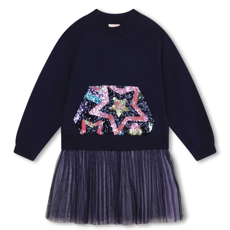 BILLIEBLUSH Navy Bi-Material Sequined Dress for Girls - Sparkly Two-Tone Party Gown