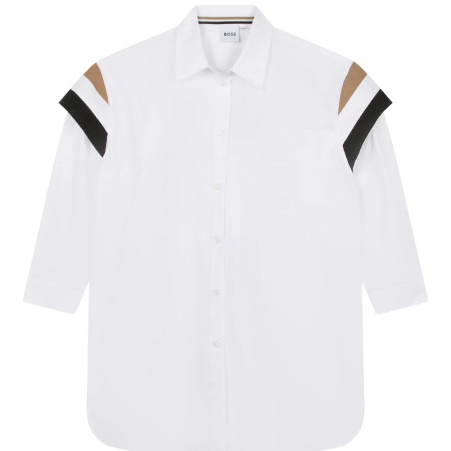 BOSS Girls' White Cotton Shirt Dress - Classic Casual Wear for Kids