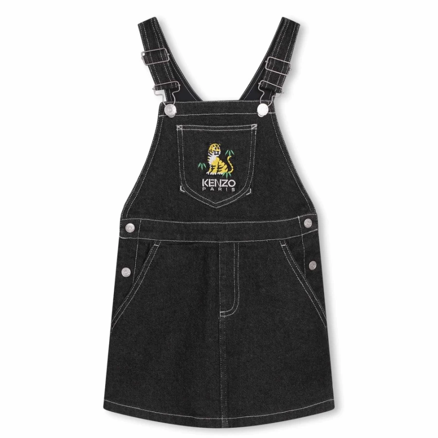 KENZO KIDS Girl's Denim Black Embroidered Overalls Dress for Kids