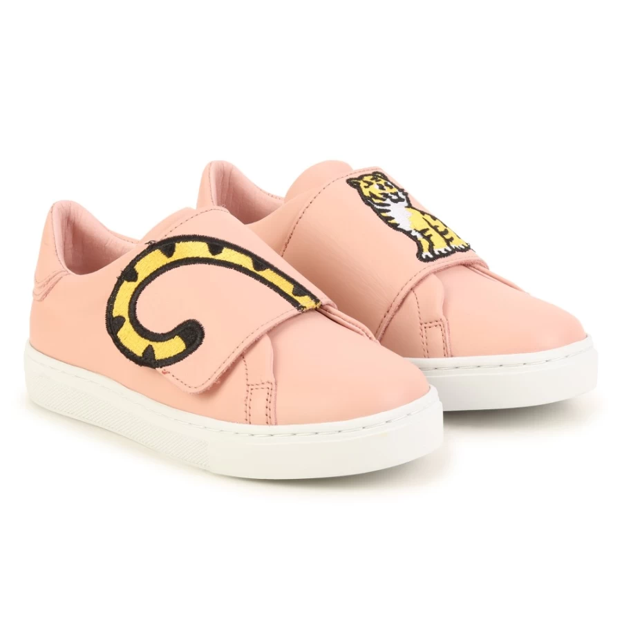 KENZO KIDS Girls Nude Embroidered Leather Sneakers for Stylish Comfort