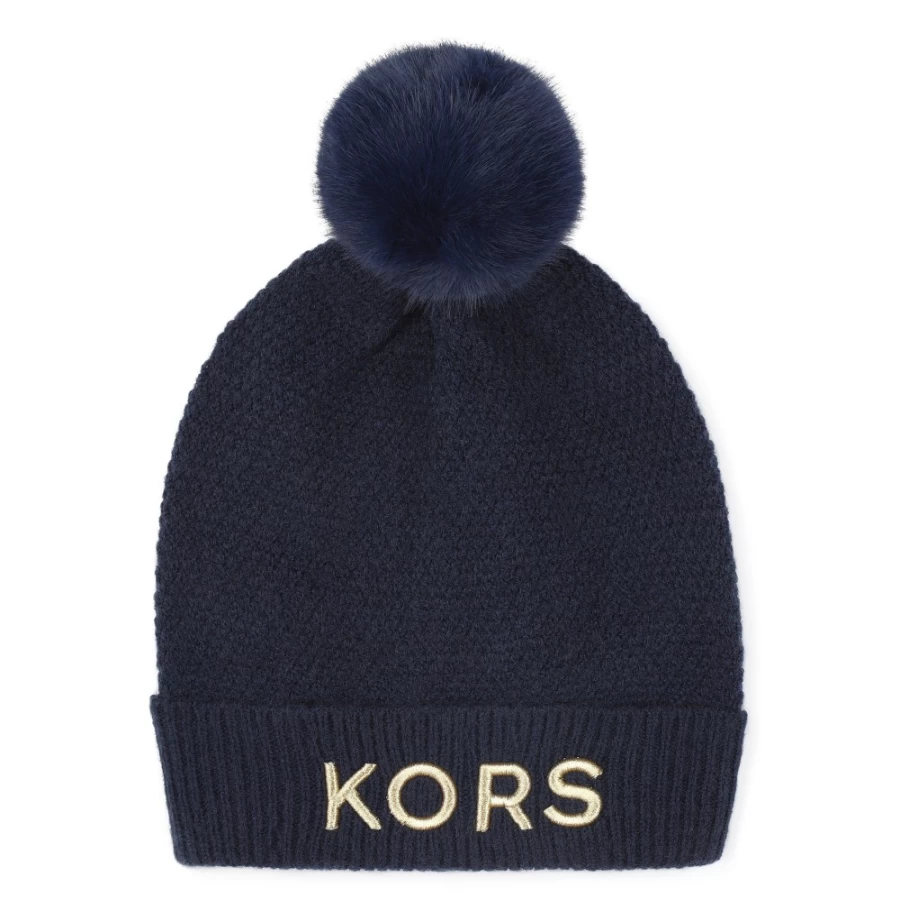 MICHAEL KORS Navy Pompom Embroidered Knitted Hat for Girls