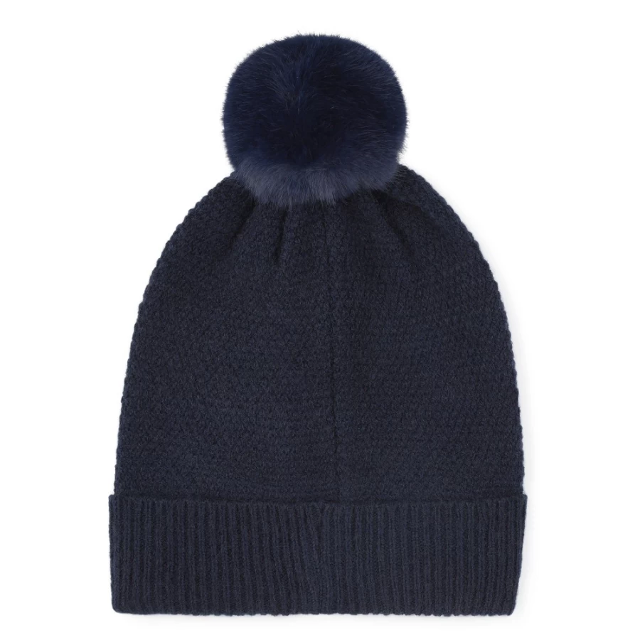 MICHAEL KORS Navy Pompom Embroidered Knitted Hat for Girls