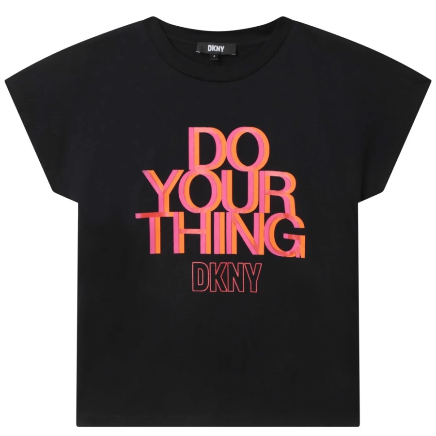 DKNY Girls' Black Short-Sleeved Cotton T-Shirt for Casual Wear