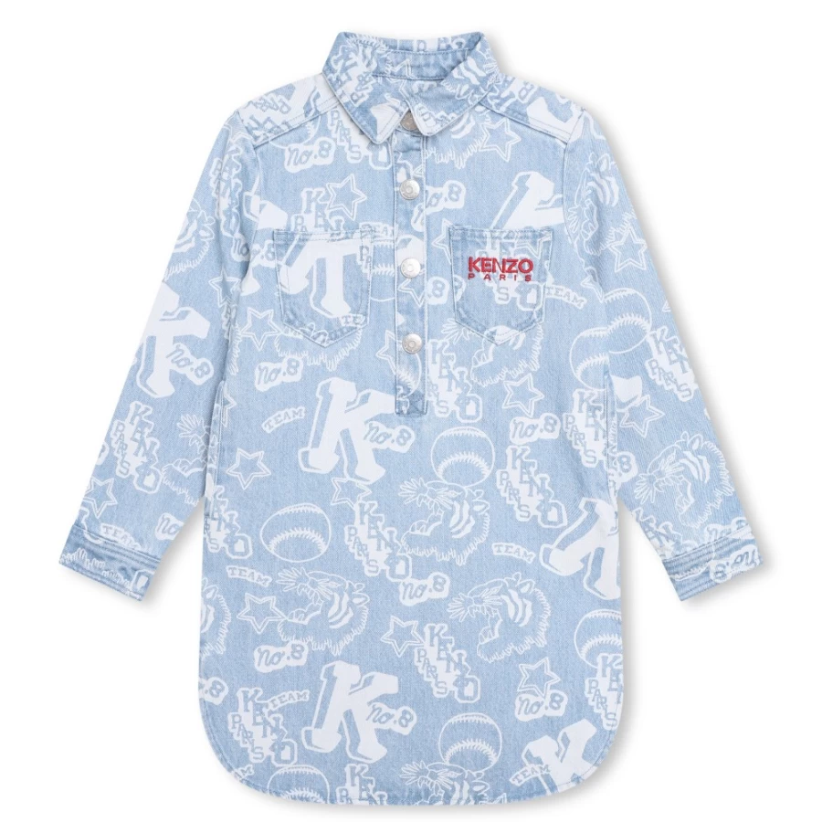 KENZO KIDS Girls' Printed Denim Dress in Bleach Grows - Stylish & Comfortable