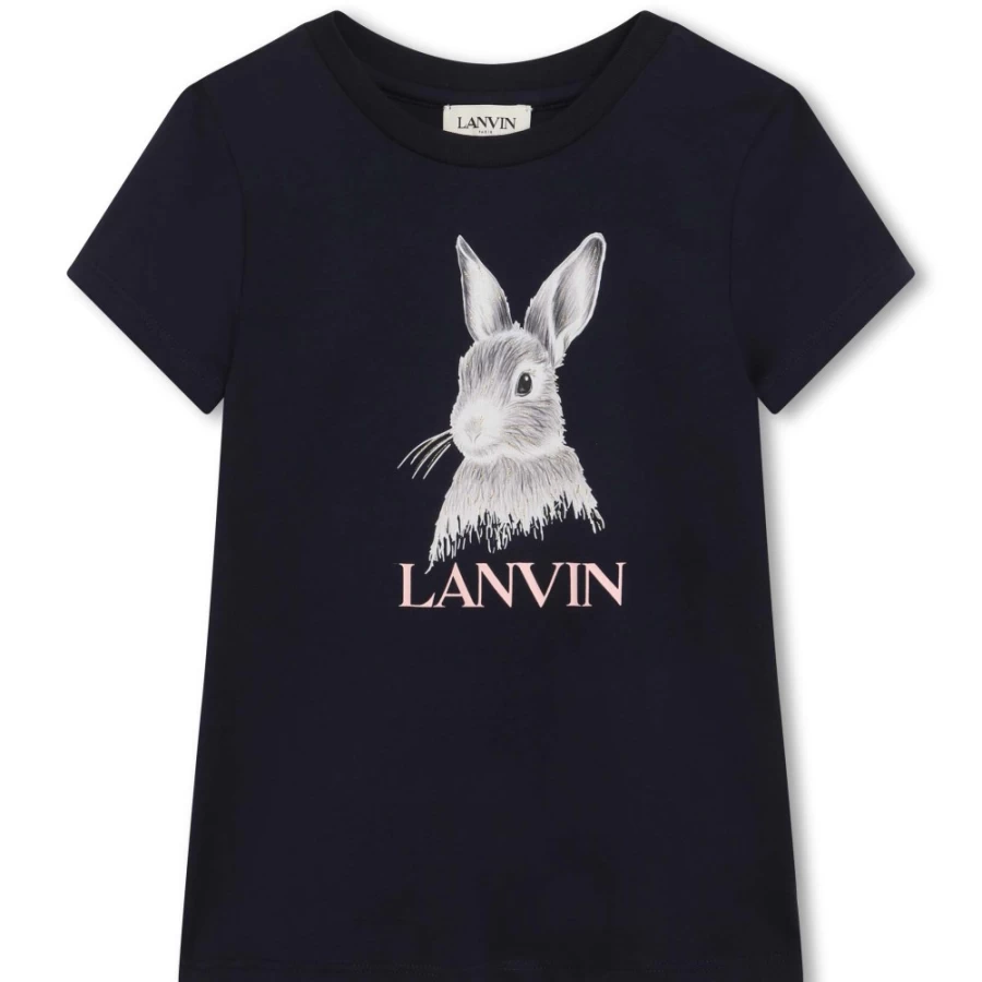 LANVIN Girls Navy Short-Sleeved Cotton T-Shirt for Casual Wear