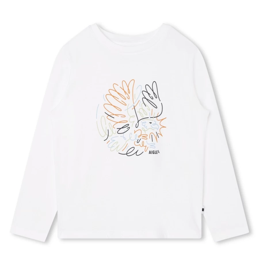 AIGLE Girls' White Long-Sleeved Cotton T-Shirt for Comfort & Style