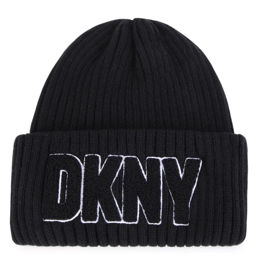 DKNY Girls' Black Knitted Winter Cap for Kids - Warm & Stylish Beanie
