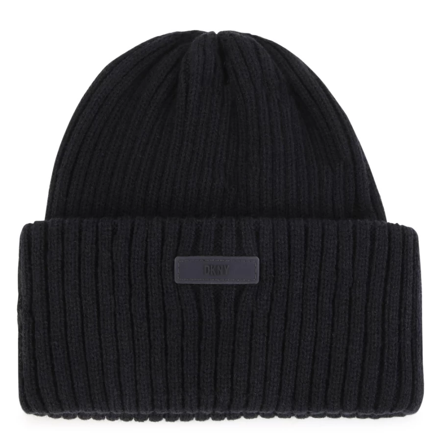 DKNY Girls' Black Knitted Winter Cap for Kids - Warm & Stylish Beanie